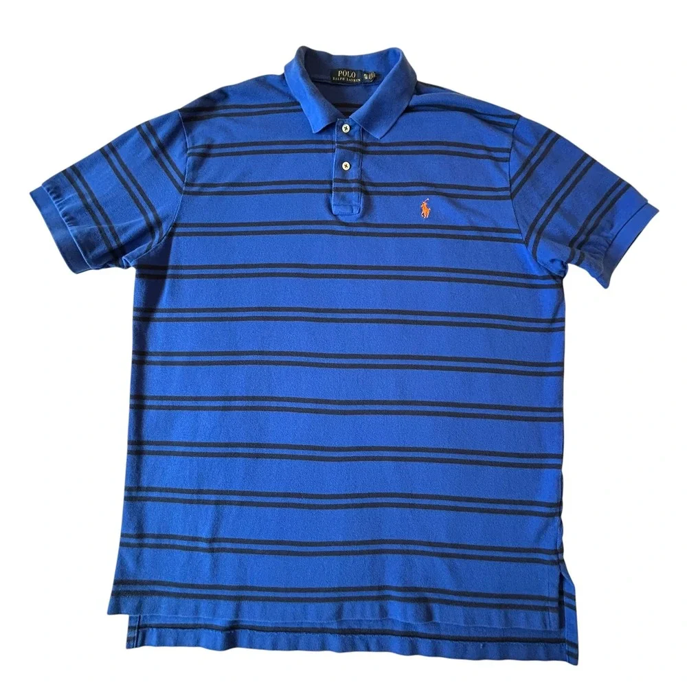 Polo Ralph Lauren Mens XL Blue Black Striped Short Sleeve Pique Polo Shirt